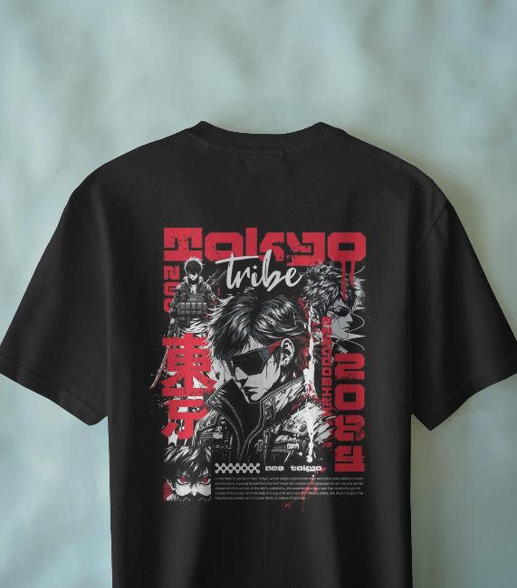 TOKYO TRIBE BLACK DROPSHOULDER GRAPHIC PRINTED T-SHIRT